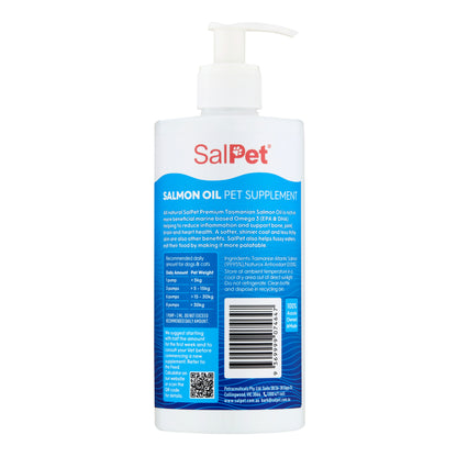 Bottle of Salpet Australia Salmon Oil Pet Supplement with pump dispenser