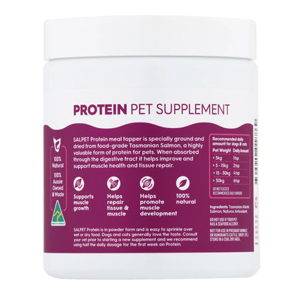 Protein pet supplement for dogs and cats, made from Tasmanian salmon, supports muscle growth and repair, 100% natural