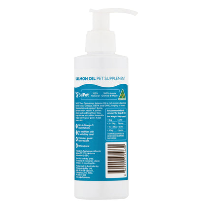 Salmon oil pet supplement bottle with pump, rich in Omega 3 for dogs & cats skin, coat & joint health