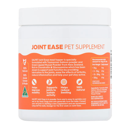 Joint Ease Pet Supplement bottle with orange label, highlighting natural ingredients for dog and cat joint support, mobility, and reduced swelling.