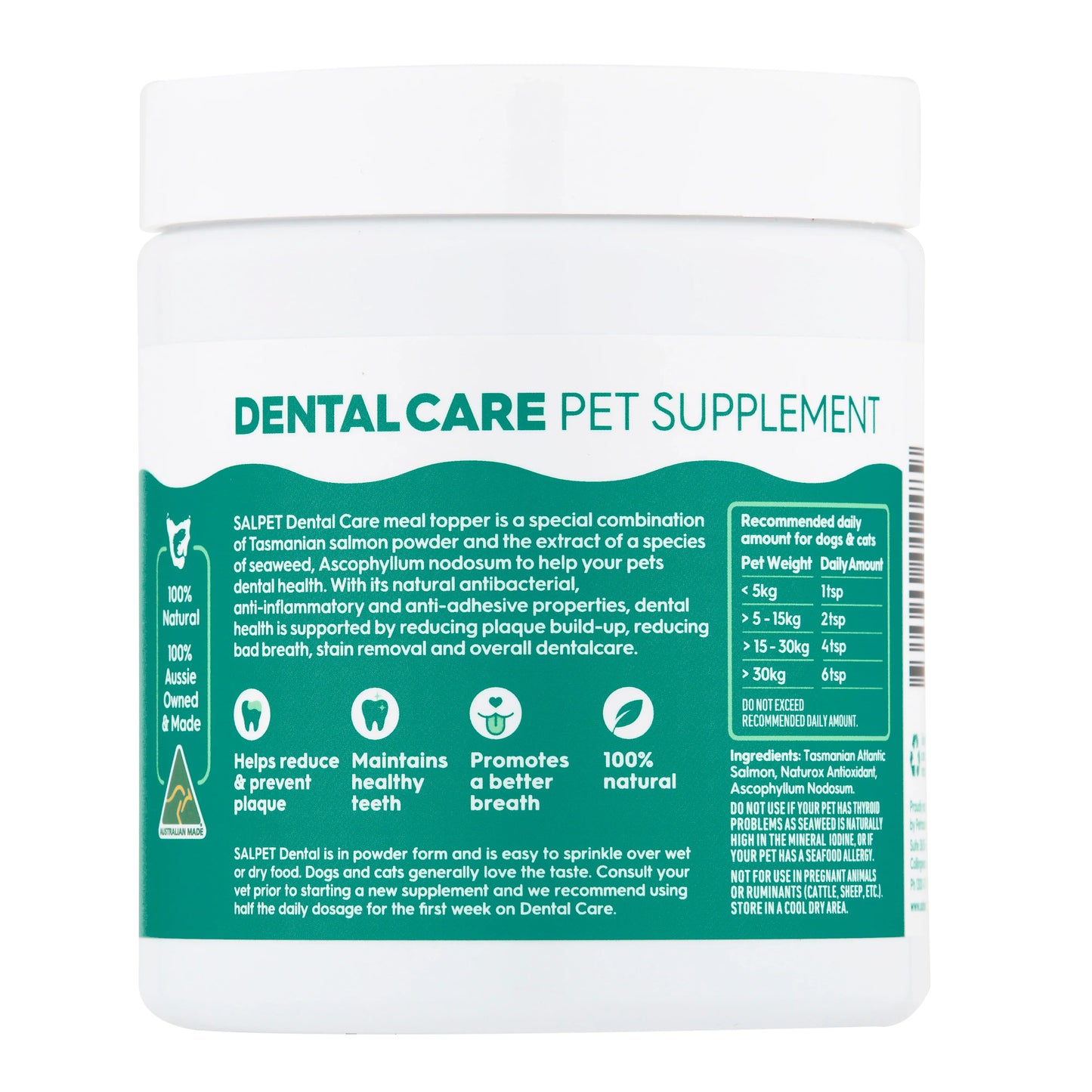 Dental Care Pet Supplement for dogs & cats, 100% natural powder to reduce plaque, freshen breath, and maintain healthy teeth.