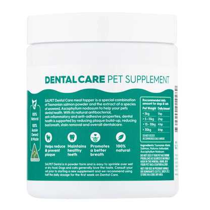 Dental Care Pet Supplement for dogs & cats, 100% natural powder to reduce plaque, freshen breath, and maintain healthy teeth.
