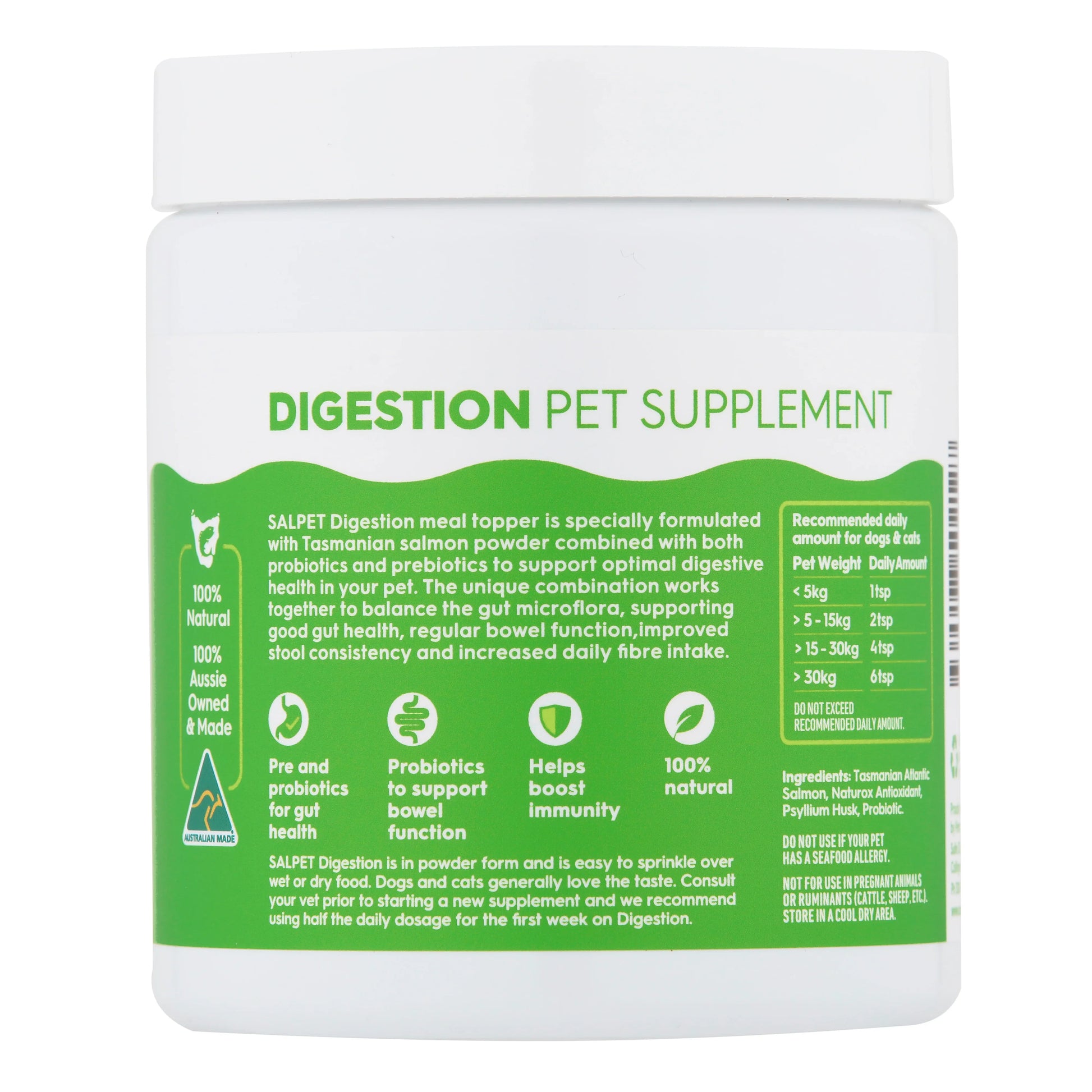 Digestion pet supplement with probiotics & Tasmanian salmon powder for dogs and cats gut health