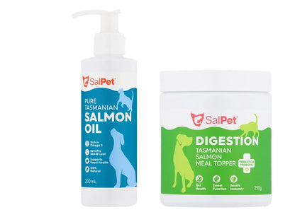 SalPet Pure Tasmanian Salmon Oil and Digestion Meal Topper for dog skin, coat, gut health, and immunity support