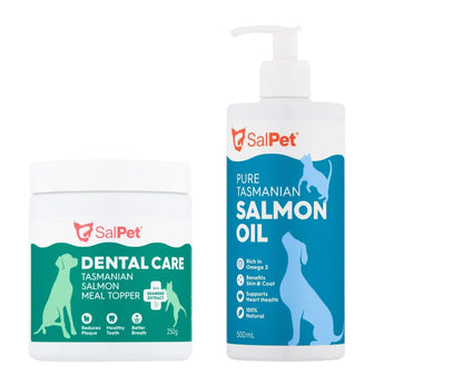 SalPet Tasmanian Salmon Oil and Dental Care Meal Topper for dogs and cats, rich in Omega 3, supports skin, coat, and heart health.