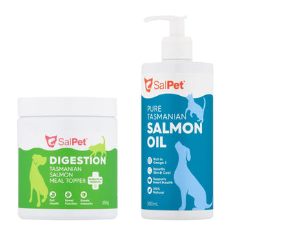 SalPet Tasmanian Salmon Oil and Digestion Meal Topper for dog and cat health, rich in Omega 3, supports skin, coat, and immunity.